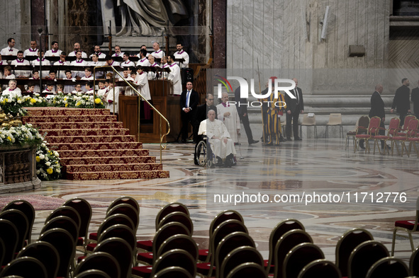 Pope Francis celebrates a Mass for the closing of the 16th General Assembly of the Synod of Bishops in St. Peter's Basilica at the Vatican o...