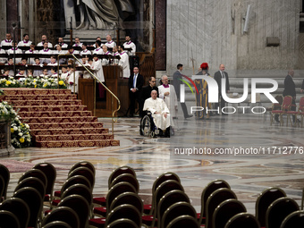 Pope Francis celebrates a Mass for the closing of the 16th General Assembly of the Synod of Bishops in St. Peter's Basilica at the Vatican o...