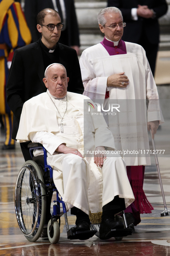 Pope Francis celebrates a Mass for the closing of the 16th General Assembly of the Synod of Bishops in St. Peter's Basilica at the Vatican o...