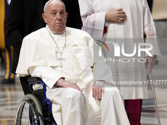 Pope Francis celebrates a Mass for the closing of the 16th General Assembly of the Synod of Bishops in St. Peter's Basilica at the Vatican o...