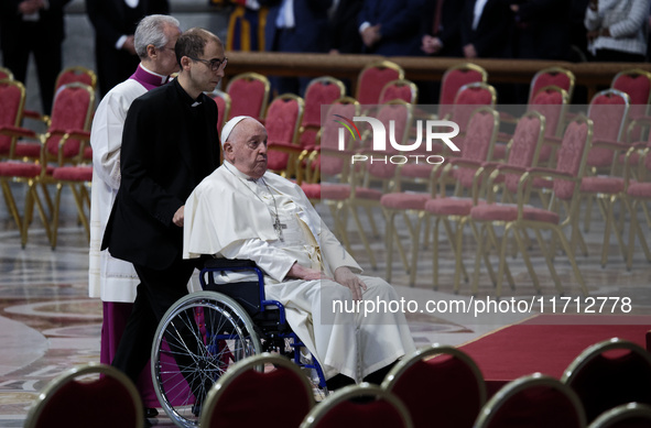 Pope Francis celebrates a Mass for the closing of the 16th General Assembly of the Synod of Bishops in St. Peter's Basilica at the Vatican o...