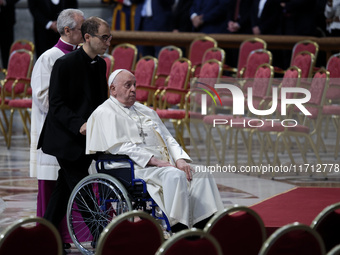 Pope Francis celebrates a Mass for the closing of the 16th General Assembly of the Synod of Bishops in St. Peter's Basilica at the Vatican o...