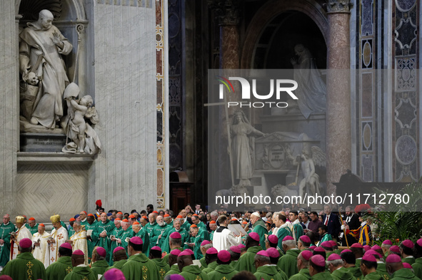 Pope Francis celebrates a Mass for the closing of the 16th General Assembly of the Synod of Bishops in St. Peter's Basilica at the Vatican o...