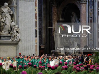 Pope Francis celebrates a Mass for the closing of the 16th General Assembly of the Synod of Bishops in St. Peter's Basilica at the Vatican o...