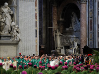 Pope Francis celebrates a Mass for the closing of the 16th General Assembly of the Synod of Bishops in St. Peter's Basilica at the Vatican o...