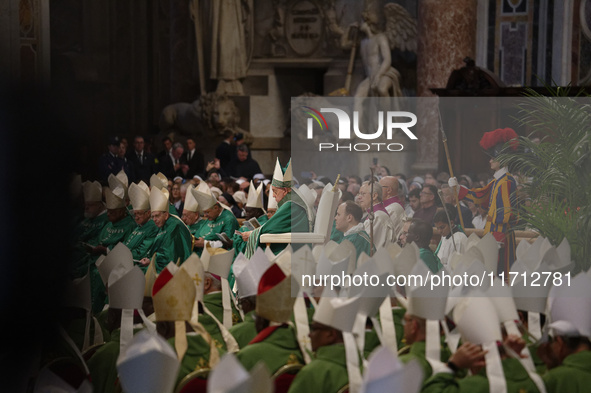 Pope Francis celebrates a Mass for the closing of the 16th General Assembly of the Synod of Bishops in St. Peter's Basilica at the Vatican o...