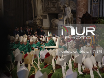 Pope Francis celebrates a Mass for the closing of the 16th General Assembly of the Synod of Bishops in St. Peter's Basilica at the Vatican o...