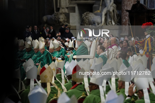 Pope Francis celebrates a Mass for the closing of the 16th General Assembly of the Synod of Bishops in St. Peter's Basilica at the Vatican o...