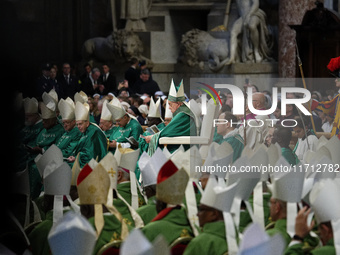 Pope Francis celebrates a Mass for the closing of the 16th General Assembly of the Synod of Bishops in St. Peter's Basilica at the Vatican o...