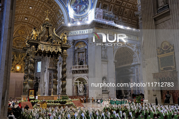 Pope Francis celebrates a Mass for the closing of the 16th General Assembly of the Synod of Bishops in St. Peter's Basilica at the Vatican o...