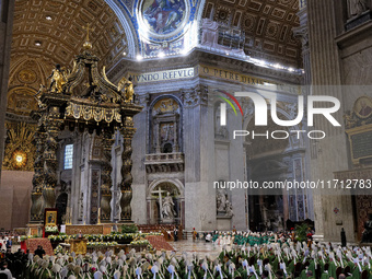 Pope Francis celebrates a Mass for the closing of the 16th General Assembly of the Synod of Bishops in St. Peter's Basilica at the Vatican o...