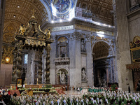 Pope Francis celebrates a Mass for the closing of the 16th General Assembly of the Synod of Bishops in St. Peter's Basilica at the Vatican o...