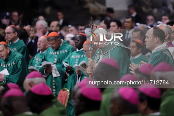 Pope Francis celebrates a Mass for the closing of the 16th General Assembly of the Synod of Bishops in St. Peter's Basilica at the Vatican o...