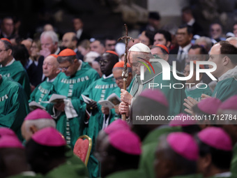 Pope Francis celebrates a Mass for the closing of the 16th General Assembly of the Synod of Bishops in St. Peter's Basilica at the Vatican o...