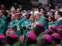 Pope Francis celebrates a Mass for the closing of the 16th General Assembly of the Synod of Bishops in St. Peter's Basilica at the Vatican o...