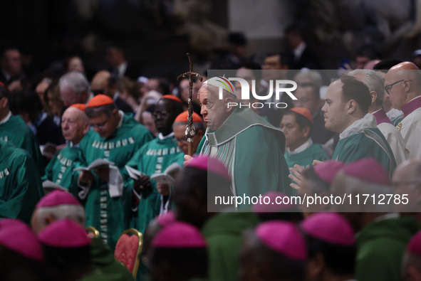 Pope Francis celebrates a Mass for the closing of the 16th General Assembly of the Synod of Bishops in St. Peter's Basilica at the Vatican o...