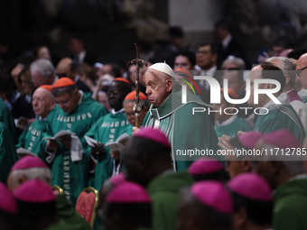 Pope Francis celebrates a Mass for the closing of the 16th General Assembly of the Synod of Bishops in St. Peter's Basilica at the Vatican o...