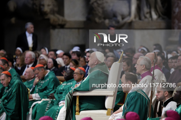 Pope Francis celebrates a Mass for the closing of the 16th General Assembly of the Synod of Bishops in St. Peter's Basilica at the Vatican o...