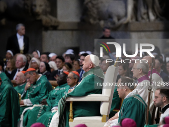 Pope Francis celebrates a Mass for the closing of the 16th General Assembly of the Synod of Bishops in St. Peter's Basilica at the Vatican o...