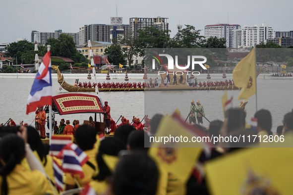 The Royal Barge 'Suphannahong', meaning Golden Swan, transports the king and queen of Thailand during the Royal Barge Procession for the Roy...