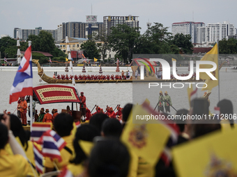 The Royal Barge 'Suphannahong', meaning Golden Swan, transports the king and queen of Thailand during the Royal Barge Procession for the Roy...