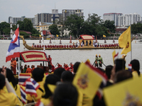 The Royal Barge 'Suphannahong', meaning Golden Swan, transports the king and queen of Thailand during the Royal Barge Procession for the Roy...