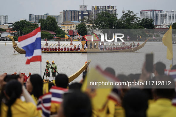 The Royal Barge 'Suphannahong', meaning Golden Swan, transports the king and queen of Thailand during the Royal Barge Procession for the Roy...