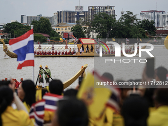 The Royal Barge 'Suphannahong', meaning Golden Swan, transports the king and queen of Thailand during the Royal Barge Procession for the Roy...