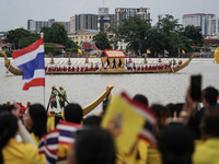 The Royal Barge 'Suphannahong', meaning Golden Swan, transports the king and queen of Thailand during the Royal Barge Procession for the Roy...