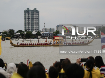 The Royal Barge 'Suphannahong', meaning Golden Swan, transports the king and queen of Thailand during the Royal Barge Procession for the Roy...