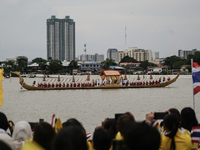 The Royal Barge 'Suphannahong', meaning Golden Swan, transports the king and queen of Thailand during the Royal Barge Procession for the Roy...