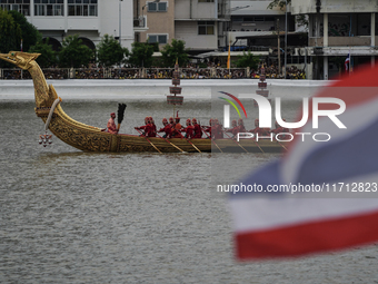 The Royal Barge 'Suphannahong', meaning Golden Swan, transports the king and queen of Thailand during the Royal Barge Procession for the Roy...