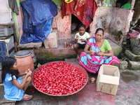 A woman and girls color earthen lamps, which are used to decorate temples and homes during the Hindu festival of Diwali, in Kolkata, India,...