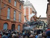 Lilith, the scorpion woman, appears on a small street in Toulouse, France, on October 26, 2024. French street show creator Francois Delarozi...