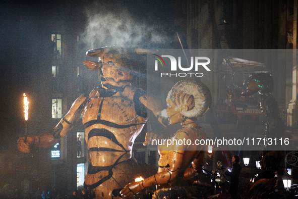 Asterion and Lilith face thousands of people in the main square of Toulouse, France, on October 26, 2024. French street show creator Francoi...