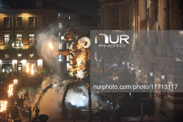 Asterion and Lilith face thousands of people in the main square of Toulouse, France, on October 26, 2024. French street show creator Francoi...