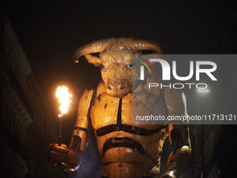 Asterion the Minotaur wanders the streets of Toulouse at night. French street show creator Francois Delaroziere, director of the art company...