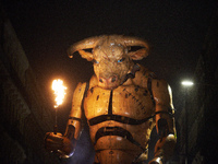 Asterion the Minotaur wanders the streets of Toulouse at night. French street show creator Francois Delaroziere, director of the art company...