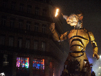 Asterion the Minotaur wanders in the streets of Toulouse, France, on October 26, 2024, at night. French street show creator Francois Delaroz...