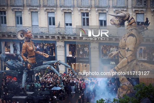 Lilith and Asterion face each other during the show in the streets of Toulouse. French street show creator Francois Delaroziere, director of...