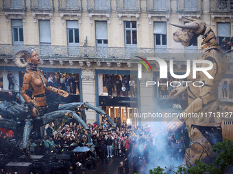 Lilith and Asterion face each other during the show in the streets of Toulouse. French street show creator Francois Delaroziere, director of...