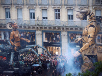 Lilith and Asterion face each other during the show in the streets of Toulouse. French street show creator Francois Delaroziere, director of...