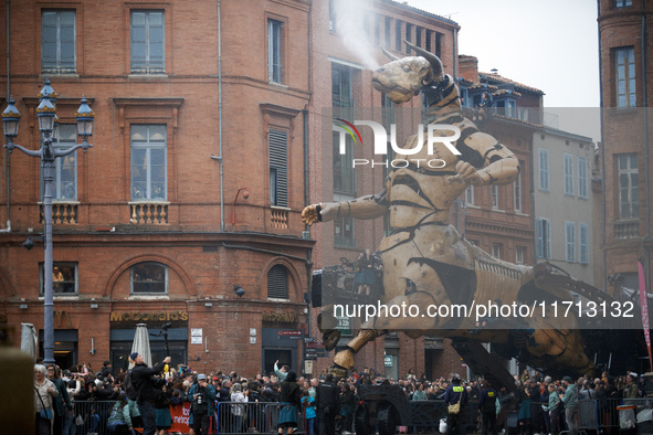 Asterion, the Minotaur, arrives in the main square of Toulouse, France, on October 26, 2024. French street show creator Francois Delaroziere...