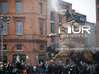 Asterion, the Minotaur, arrives in the main square of Toulouse, France, on October 26, 2024. French street show creator Francois Delaroziere...