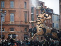 Asterion, the Minotaur, arrives in the main square of Toulouse, France, on October 26, 2024. French street show creator Francois Delaroziere...