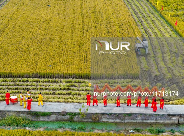 Villagers beat gongs, drums, and wave golden dragons in the fields to celebrate another harvest season in Qihu village, Huai'an city, Jiangs...