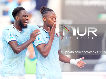 Tijjani Noslin of SS Lazio celebrates after scoring first goal during the Serie A Enilive match between SS Lazio and Genoa CF at Stadio Olim...