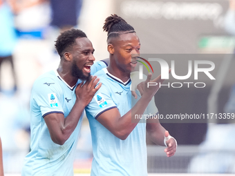 Tijjani Noslin of SS Lazio celebrates after scoring first goal during the Serie A Enilive match between SS Lazio and Genoa CF at Stadio Olim...