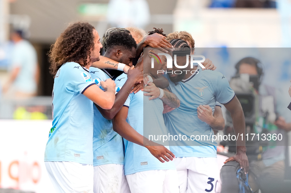 Tijjani Noslin of SS Lazio celebrates after scoring first goal during the Serie A Enilive match between SS Lazio and Genoa CF at Stadio Olim...