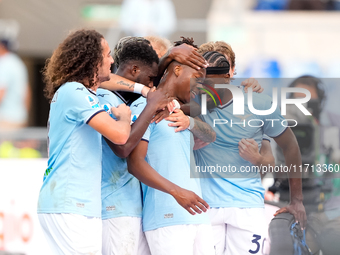 Tijjani Noslin of SS Lazio celebrates after scoring first goal during the Serie A Enilive match between SS Lazio and Genoa CF at Stadio Olim...